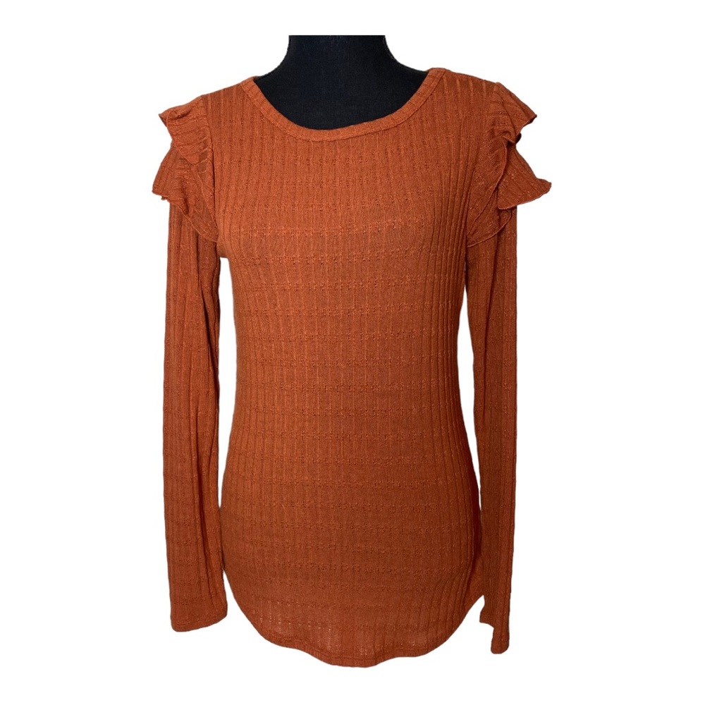 Ces Femme Ruffle Shoulder Ribbed Top - Size Medium, Rust - Picture 7 of 10